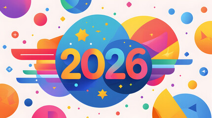 &ldquo;2026&rdquo; flat illustration vector style, clean outlines, vibrant color palette, geometric shapes, cheerful New Year theme, simple modern design, perfect for icons, infographics, and digital assets