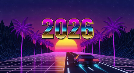 Retro 2026 New Year celebration with vibrant sunset and palm trees for stylish designs, events, and more