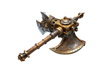 Steampunk axe weapon with mechanical gears and riveted metal construction, isolated on a transparent background
