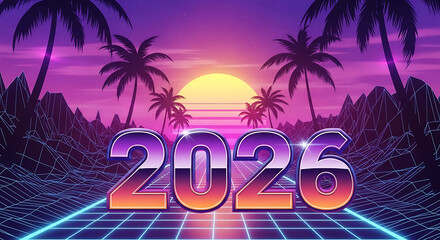 Vibrant retro style 2026 design with synthwave sunset and palm trees for futuristic celebrations