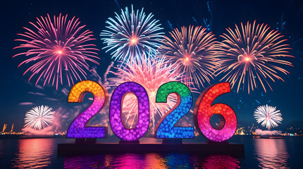 &ldquo;2026&rdquo; with colorful fireworks explosion behind it, night sky, bright bokeh, celebratory festive atmosphere, high contrast, vibrant colors, perfect for New Year posters, flyers, social media assets