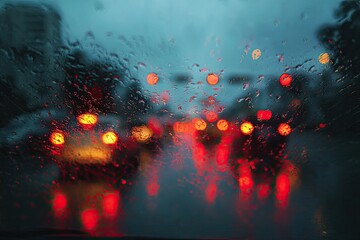Blurred view from inside a vehicle during a heavy rain, with out-of-focus red lights