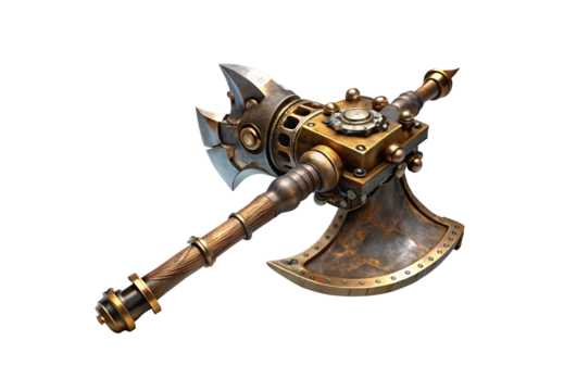 Steampunk axe weapon with mechanical gears and riveted metal construction, isolated on a transparent background