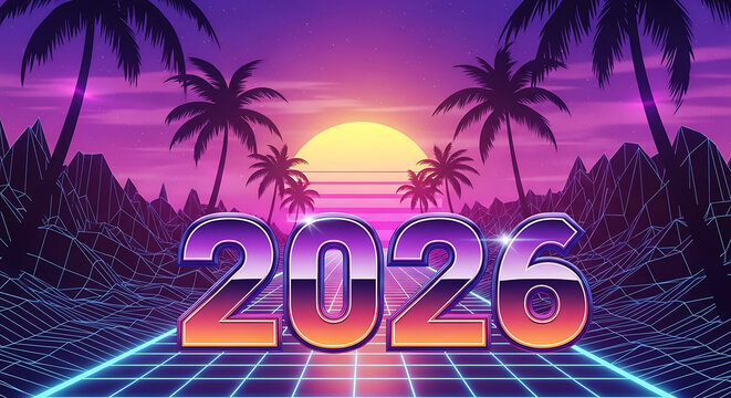 Vibrant retro style 2026 design with synthwave sunset and palm trees for futuristic celebrations