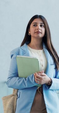 Thinking, student and woman with tablet, university and scholarship with opportunity. Learning, college and Indian person with tech, campus and higher education with knowledge and phd research