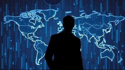 Silhouette of a businessman standing in front of a glowing blue digital world map, representing global business and technology