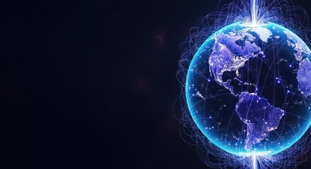 A globe with a blue and purple light shining from the top, representing global connectivity and technology.