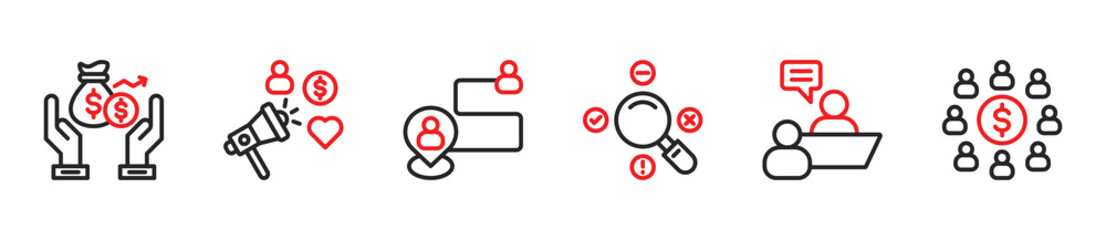 Icons of Consultancy, Public Relations, Stakeholder Map, SWOT Analysis, Revenue, Shareholders. Vector Illustration