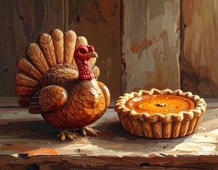 Autumnal festive display with a handcrafted turkey figurine and a delicious pie
