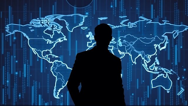 Silhouette of a businessman standing in front of a glowing blue digital world map, representing global business and technology