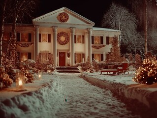 Winter entrance of a classic building featuring decorative wreaths, snow-covered steps, and warm lighting, evoking a cozy holiday spirit