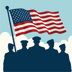 vektor Patriotic Veterans Day illustration with silhouettes of soldiers, American flag waving in the background, bold and heroic style