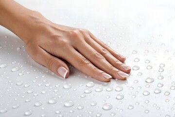 Naklejka premium Female Hand touching water droplets on pure white background realistic studio photo 
