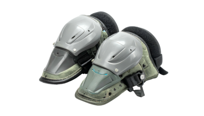 Protective knee pads, gray shell and dark fabric, angled view