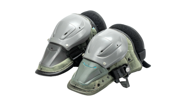 Protective knee pads, gray shell and dark fabric, angled view