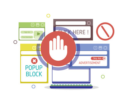 Illustration showing a laptop surrounded by multiple pop-up ads with a large stop-hand symbol, representing blocking intrusive advertisements and preventing unwanted pop-ups.