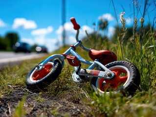 Abandoned red bicycle lying on roadside with blurred vehicles passing by, capturing a moment of neglect and childhood memories