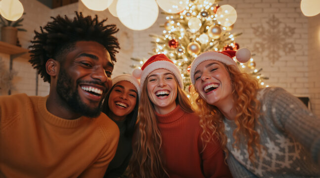 Diverse group of happy friends laughing and taking a selfie at a Christmas party. Young multiethnic people celebrating the holiday season together at home - Powered by Adobe