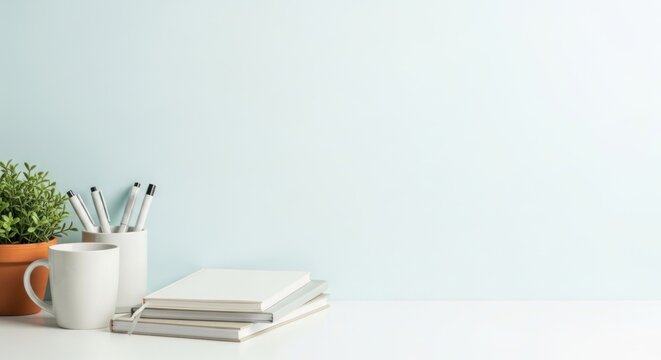 A white desk with a stack of books, a mug, and a plant.