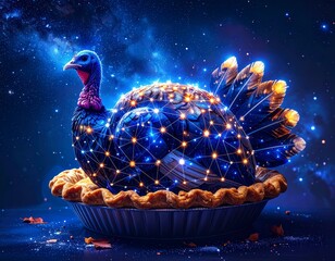 A cosmic turkey pie with glowing network patterns under a starry night sky fantasy art