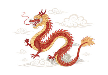 Obraz premium Red and gold Chinese dragon with scales, whiskers, claws, and decorative cloud patterns, isolated on a transparent background