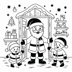 Santa claus with two happy children outside his wooden workshop in winter illustration isolated on white background, Vector, illustration