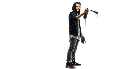 Urban artist portrait, young man with spray paint can on isolated background
