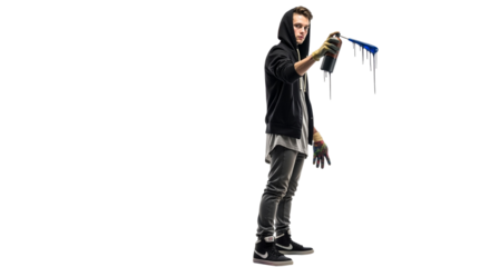 Urban artist portrait, young man with spray paint can on isolated background