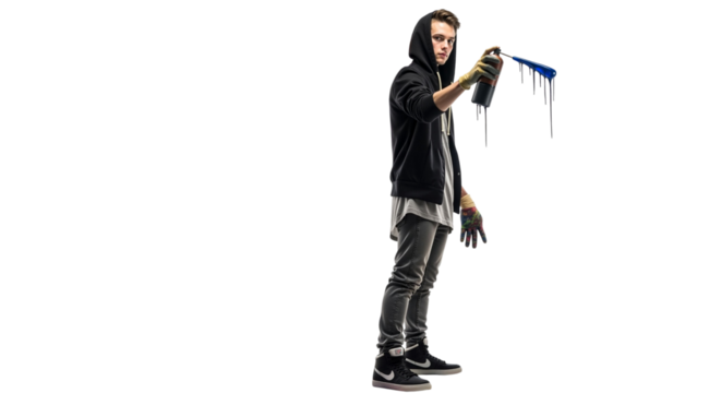 Urban artist portrait, young man with spray paint can on isolated background