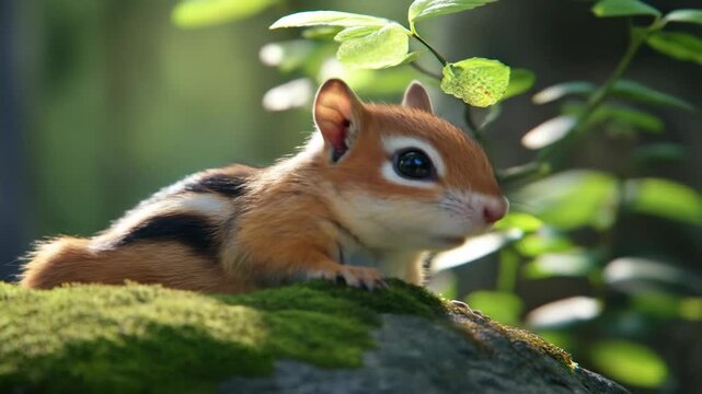 Close up of a cute chipmunk on a mossy rock with green foliage