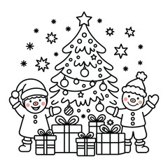 Christmas tree with cute kids and gifts, festive holiday season cartoon illustration isolated on white background, Vector, illustration
