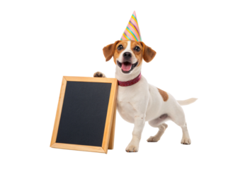 Happy Jack Russell terrier dog wearing striped party hat with blank chalkboard sign playfully, isolated on a transparent background