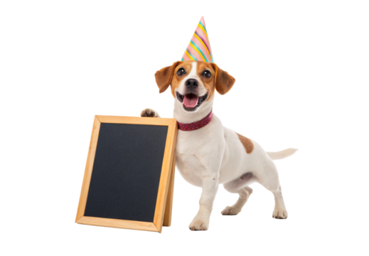 Happy Jack Russell terrier dog wearing striped party hat with blank chalkboard sign playfully, isolated on a transparent background