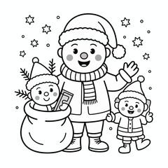 Cute snowmen family with santa hats and scarves, waving and holding gifts for christmas. isolated on white background, Vector, illustration