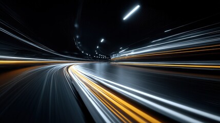 3D technology tunnel with running data lines, speed and connectivity.