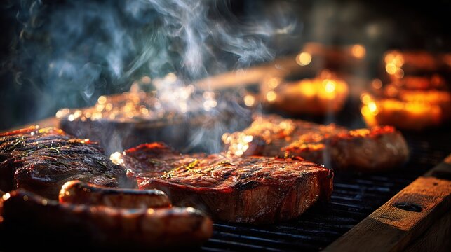 Backyard barbecue grill with juicy meats, smoke rising.