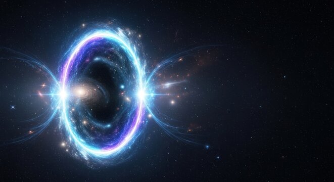 A vibrant, cosmic scene with a blue and purple nebula and stars in the background.