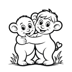 Two cute cartoon bear cubs hugging each other warmly in a grassy field illustration isolated on white background, Vector, illustration