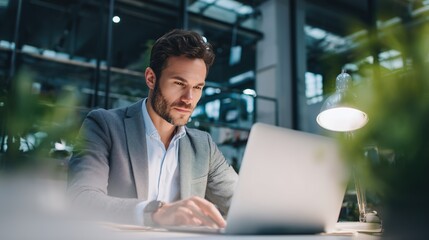 Fototapeta premium Businessman using laptop in clean office space, professional workspace, productivity mood.