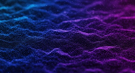 Three dimensional digital surface composed of glowing particles moves with gentle waves