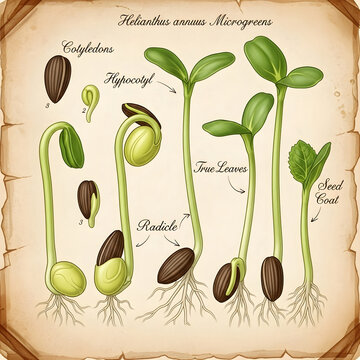 Vintage botanical illustration depicting stages of seed germination and plant growth