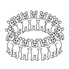 Circle of happy cartoon teddy bears holding hands in unity and friendship isolated on white background, Vector, illustration