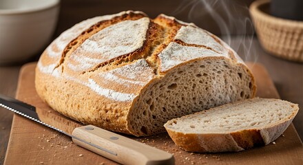 Freshly baked white and brown bread loaf with milk for a healthy breakfast meal