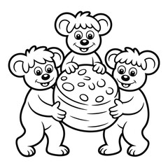 Three happy cartoon bears holding a large round object with circles, isolated isolated on white background, Vector, illustration