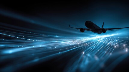 Silhouette of Large Aircraft with Abstract Data Flow and AI Patterns, Corporate Blue Gradient, Minimalist Tech Aesthetic