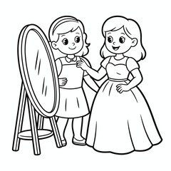 Two cartoon girls trying on a dress in front of a mirror, simple line art illustration isolated on white background, Vector, illustration