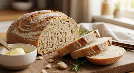 Freshly baked white bread slice with milk for a healthy homemade breakfast meal