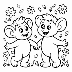 Two happy cartoon teddy bears holding hands surrounded by flowers and leaves isolated on white background, Vector, illustration