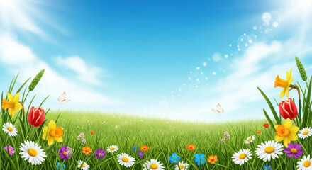 A vibrant spring meadow with colorful flowers and butterflies against a clear blue sky.