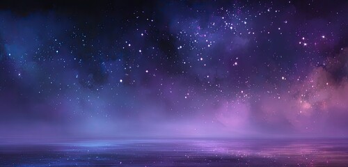 Abstract digital artwork, a celestial scene with stars and a luminous, misty landscape